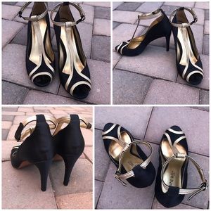Black & Gold NINE WEST satin heels